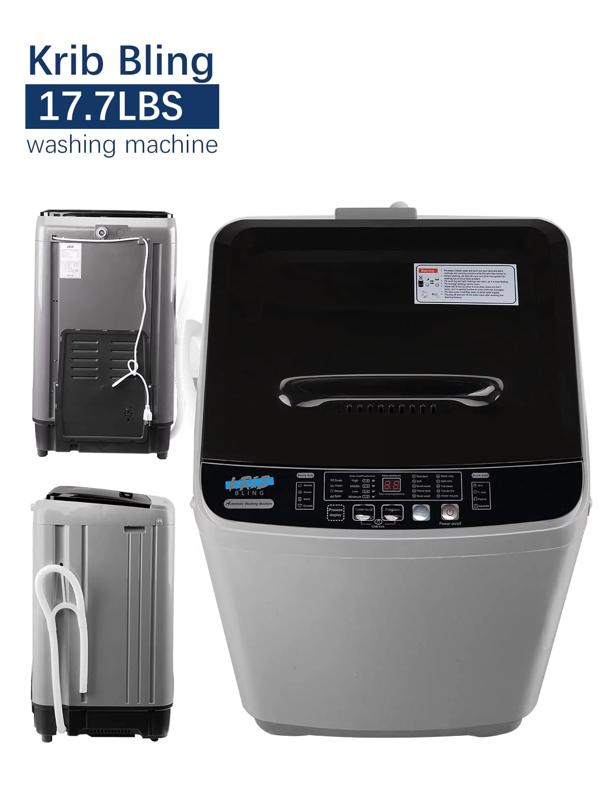 GGTB Compact Washing Machine, 17.6lbs Capacity, 1.9 Cu.ft Portable Washer with LED Display, Fully Automatic Washing Machine with Timed Settings for Apartments, Dorms, Grey