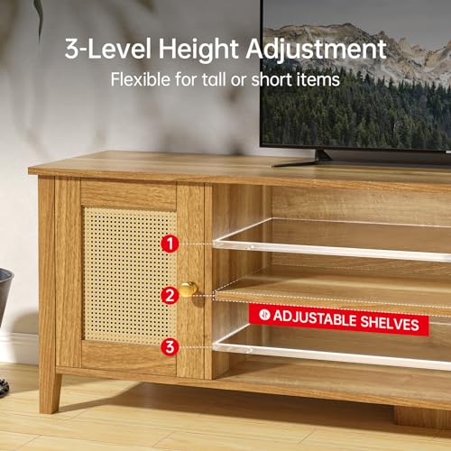 Rattan TV Stand for 65 70 inch TV Entertainment Center Wood TV Stands for Living Room with Storage, Mid Century Television Console for Bedroom