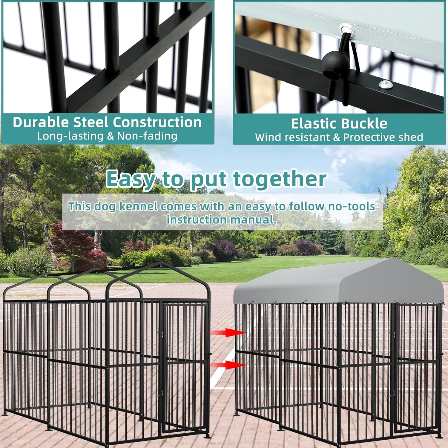 MEETWARM Large Outdoor Dog Kennel, Metal Heavy Duty Outdoor Indoor Pet Playpen, Anti-Rust Outdoor Dog Fence Dog Pens with Anti-UV & Waterproof Top Cover and Secure Lock for Backyard, 4'L x 8'W x 6'H