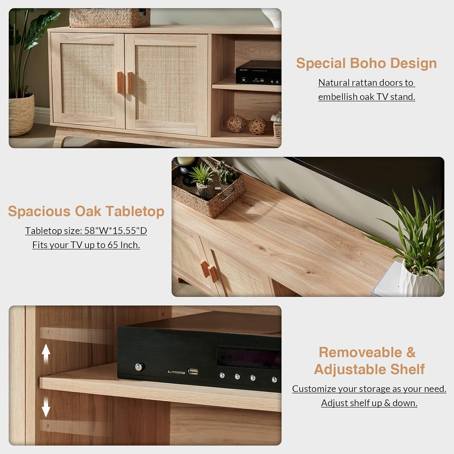 Okvnbjk TV Consoles for Living Room, Mid Century Modern TV Stand for 65 Inch TV, Rattan Entertainment Center, Media Console with Natural Rattan Doors & Adjustable Shelf, Boho TV Stand for Bedroom, Oak