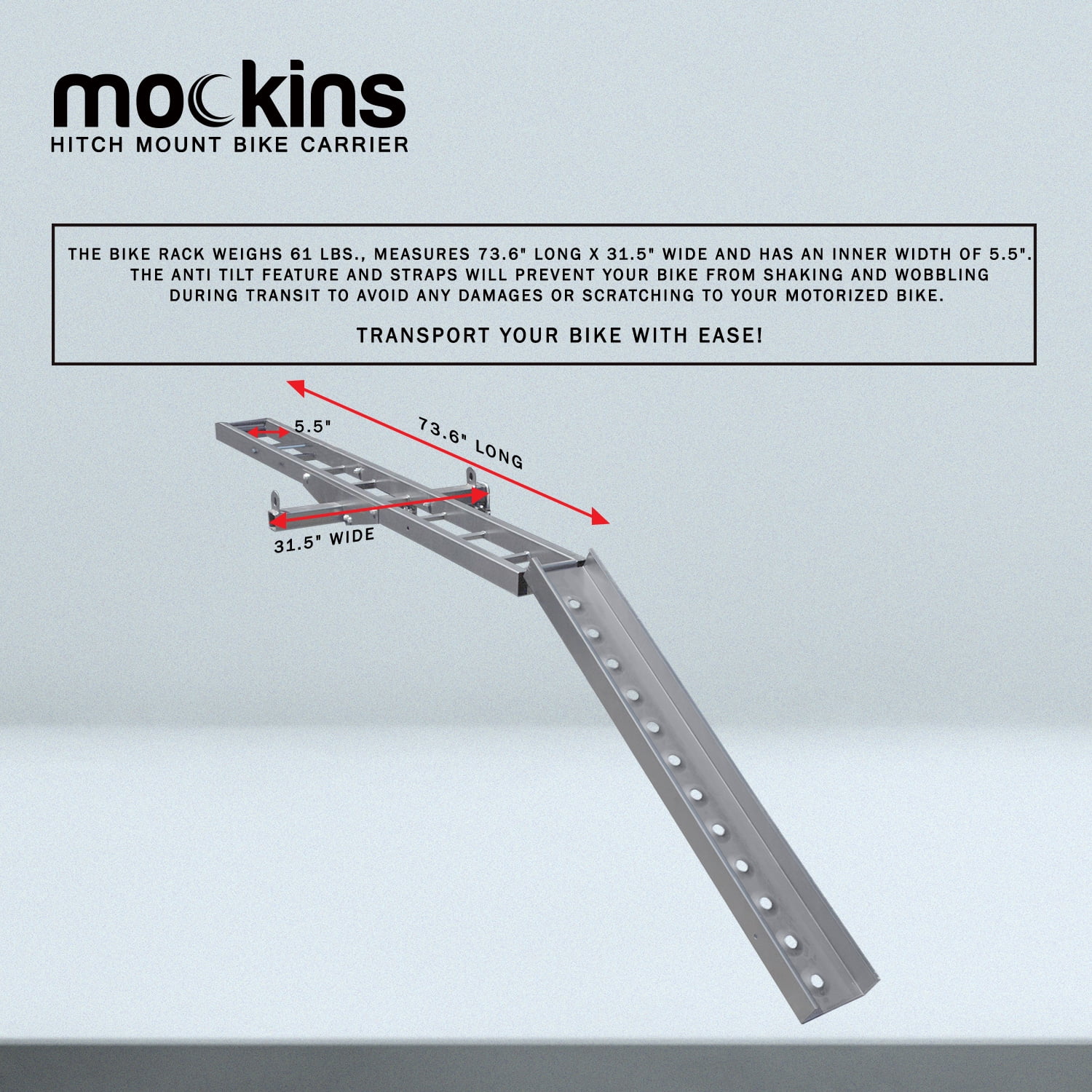 Mockins 73" Stainless Steel Dirt Bike Hitch Mount Hauler with Ramp and Accessories - Rust Proofed Hitch Carrier Supports 500 lbs.