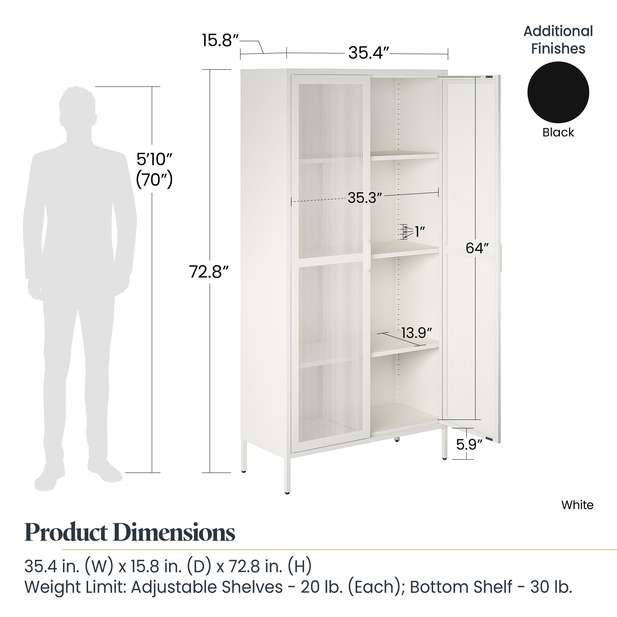 RealRooms Shadwick 2 Door Tall Metal Locker Style Storage Cabinet-Mesh Metal Doors, Soft White
