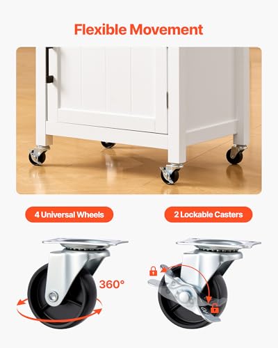 VEVOR Kitchen Island Cart with Solid Wood Top, 35.4" Width Mobile Carts with Storage Cabinet, Rolling Kitchen Table with Spice Rack, Towel Rack, and Drawer, Portable Islands on Wheels, White