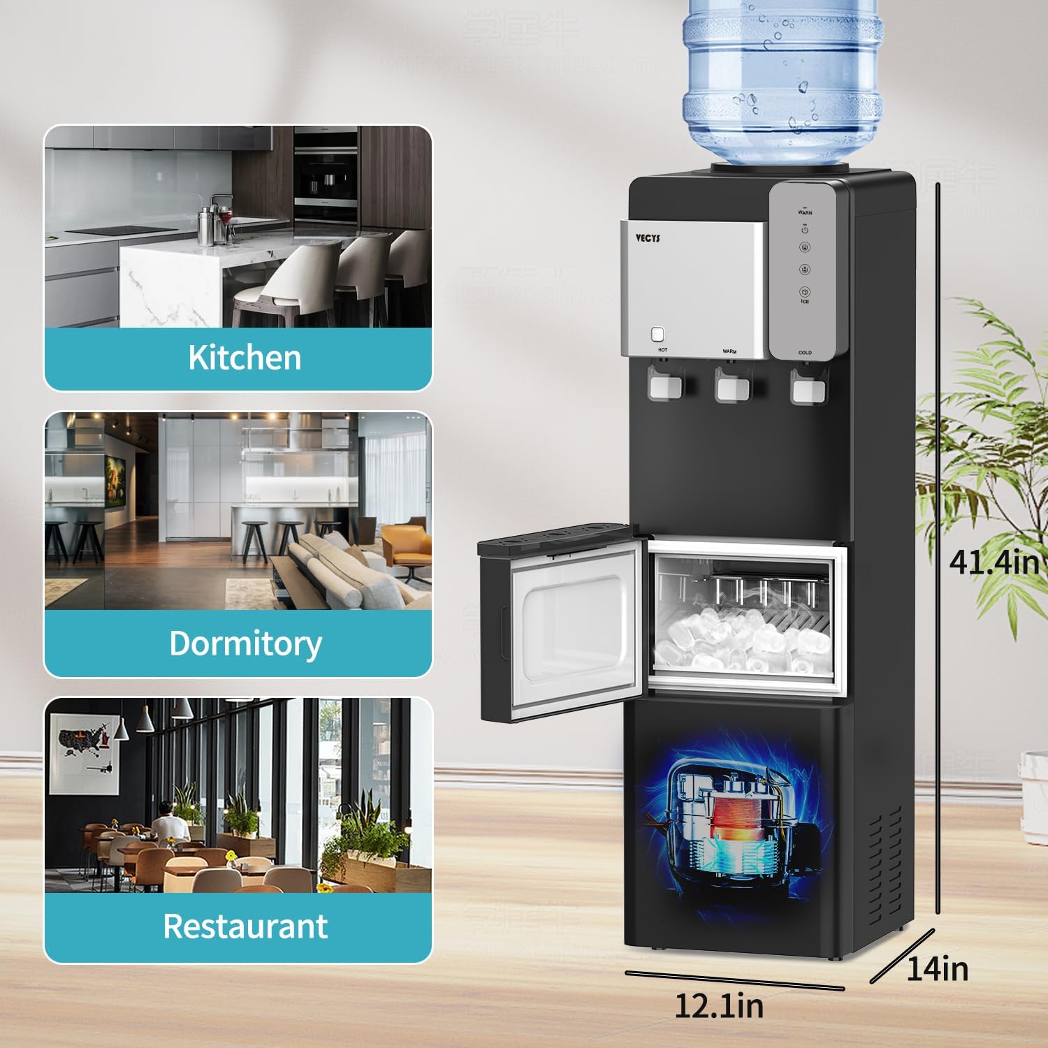 Water Dispenser Cooler with Ice Maker, 27LBS Daily Ice Making and Hot Cold Water Supply, Child Safety Lock and Compatible with 3 or 5 Gallon Bottles, Ideal for Home and Office
