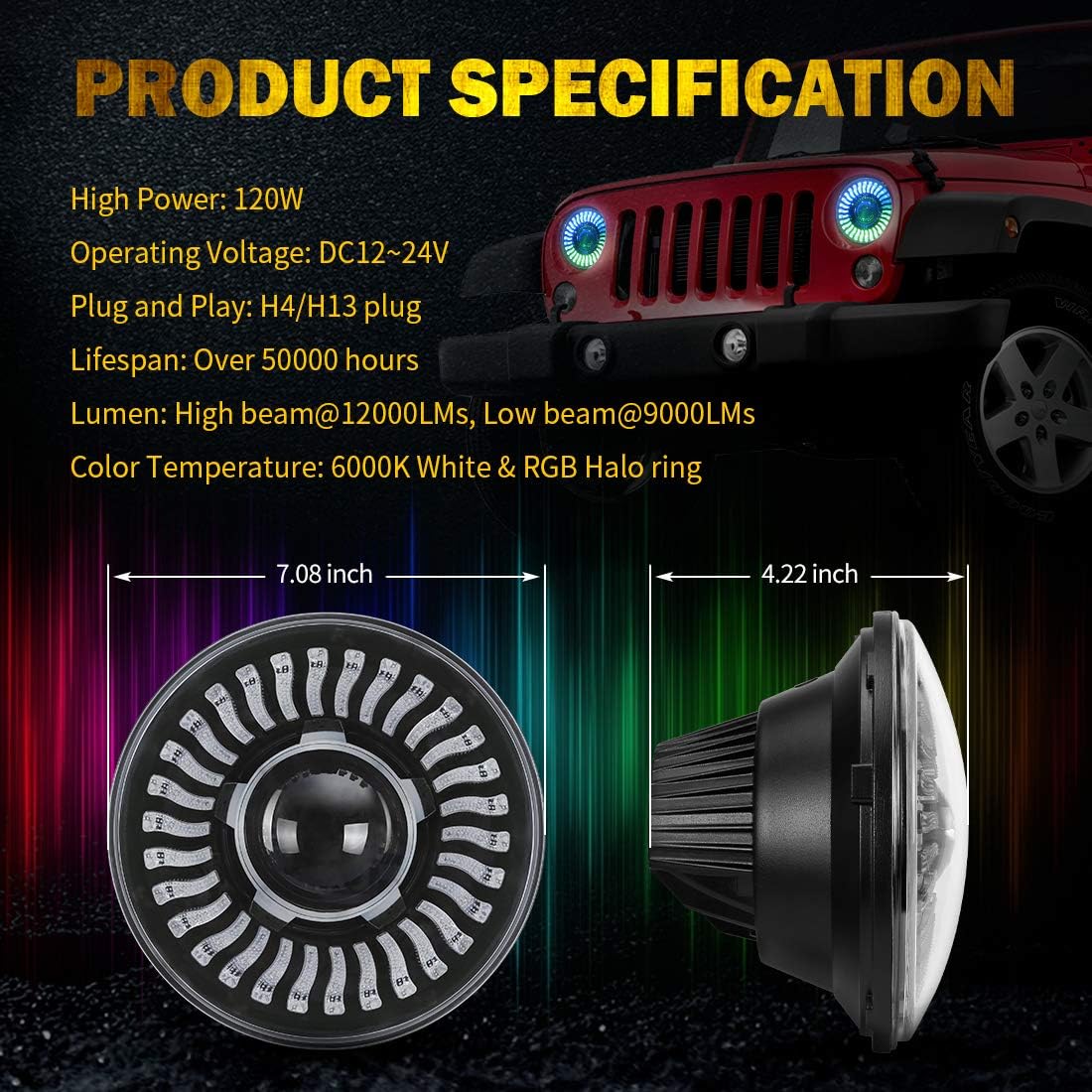 LED RGB Headlight with Amber Turn Signal, SUPAREE 7 Inch Round Halo LED Headlight Fits 1997~2018 Wrangler JK TJ LJ with Control 120W 12000LM High Low beam-2PCS