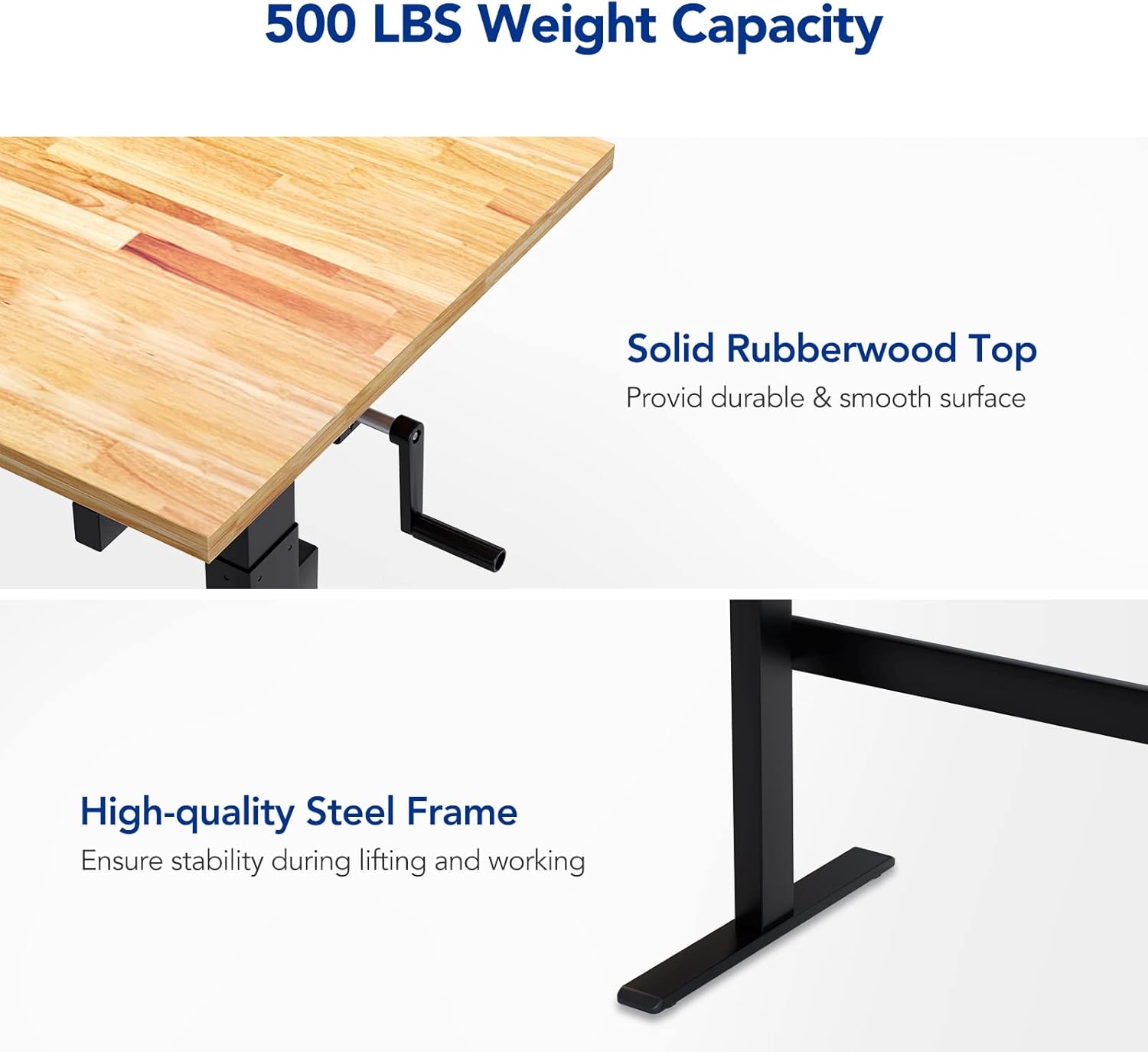 FLEXIMOUNTS Height-Adjustable Work Table with Crank Handle, 500-lb Capacity Rubberwood Top Garage Workbench and Sit-Stand Desk, Lift Range from 29.5 to 44.1 inch