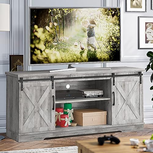 IDEALHOUSE Gray Barn Door TV Stand, Farmhouse Entertainment Center for 65 Inch TV, Modern Cabinet with Storage and Shelves, Livingroom