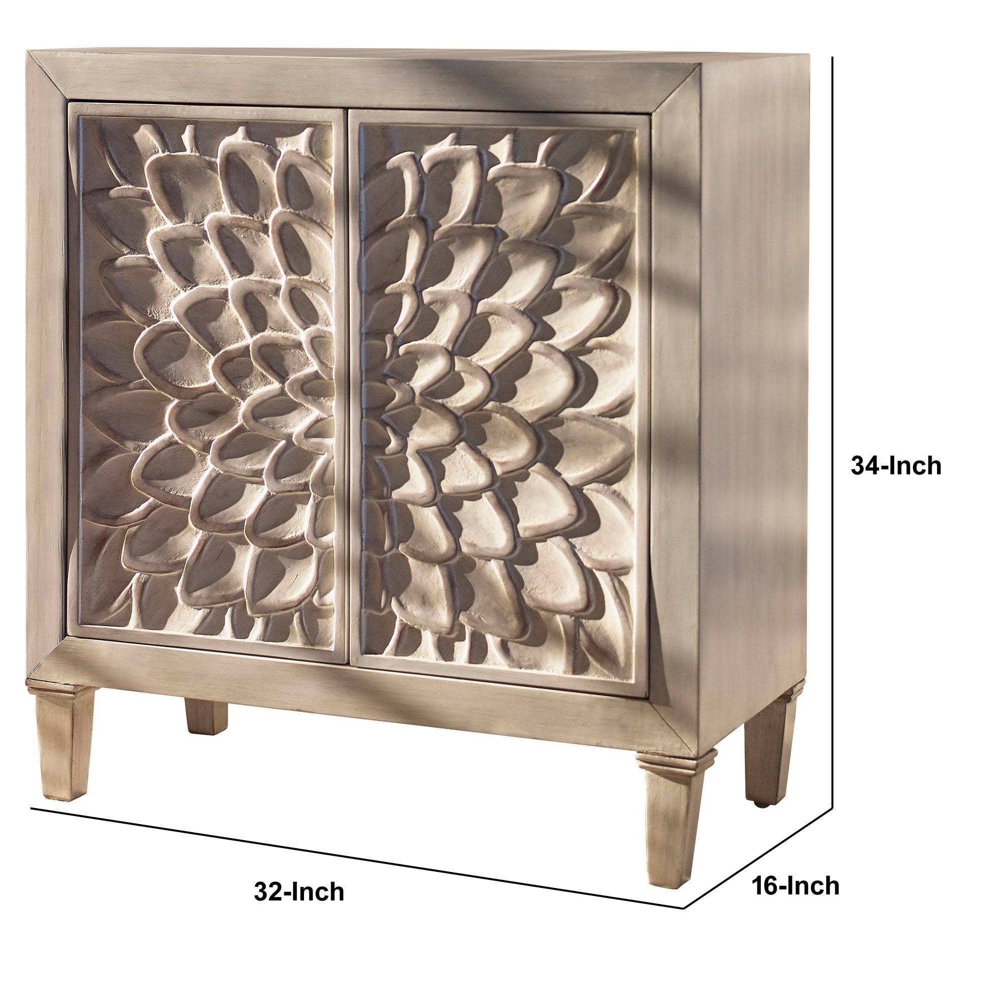 2 Door Wooden Accent Cabinet with Floral Carving, Distressed Brown