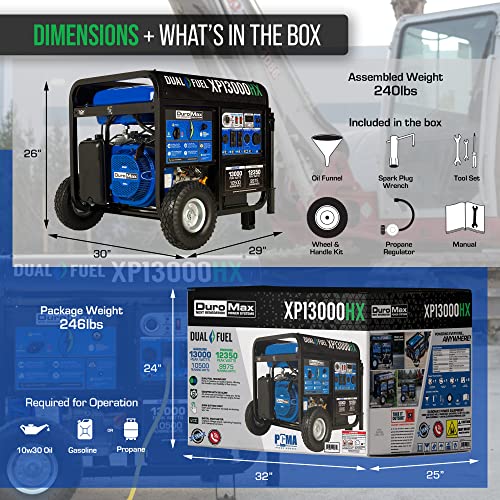 DuroMax XP13000HXT 13,000-Watt 500cc Tri Fuel Gas Propane Natural Gas Portable Generator with CO Alert, Black/Blue
