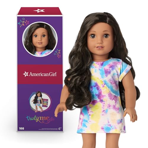 American Girl Truly Me 18-inch Doll #115 with Gray Eyes, Curly Blonde Hair, Light Skin, Tie Dye T-shirt Dress, For Ages 6+