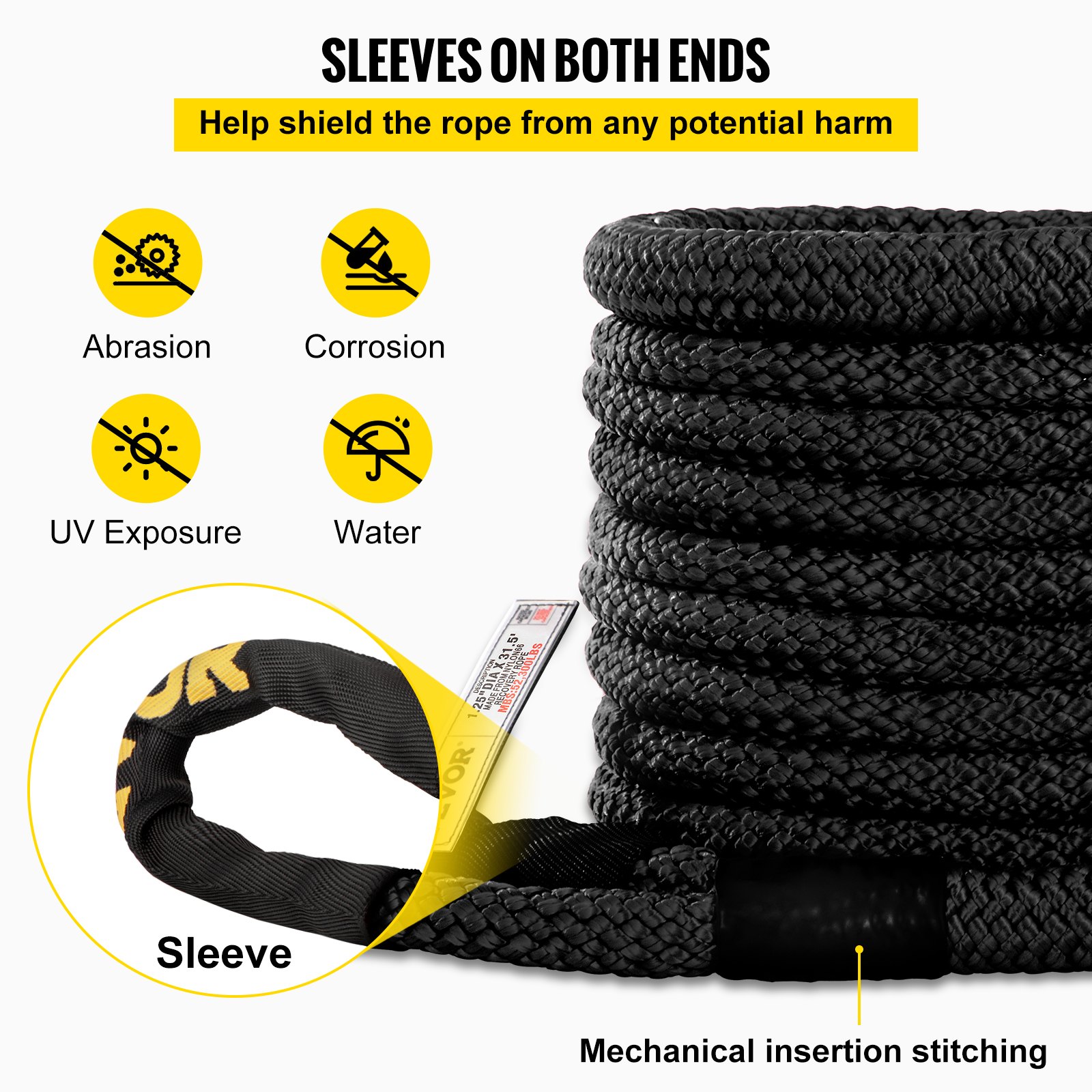Vevor  1.25 in. x 31.5 ft. Kinetic Recovery & Tow Rope, Black - 52,300 lbs