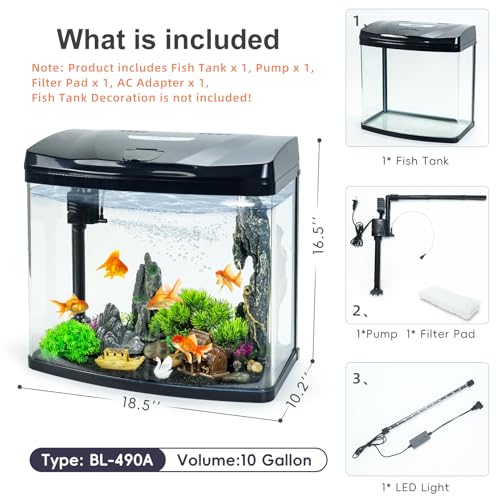 10 Gallon Glass Aquarium Starter Kit with Flip-Top Feeding Port for Betta Fish: Crystal Clear Viewing, Eco-Cycle Filtration, Air Pump, and LED Lighting