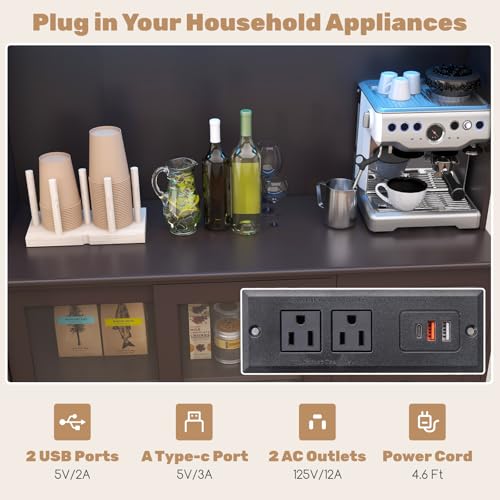 Giantex 73" Kitchen Pantry Storage Cabinet, Hutch Cabinet with LED Lights & Power Outlet, Kitchen Buffet Cabinet w/Wine Glass Racks, Countertop, Adjustable Shelves, Drawers for Dining Room (Espresso)
