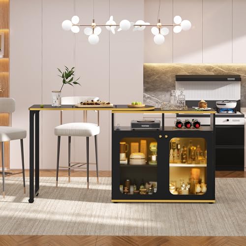 Cyclysio 59" Dining Table with LED Light, 360° Rotating Kitchen Table with Charging Station, Bar Table with Double-sided Storage, Foldable Island Table for Small Space, White Oak