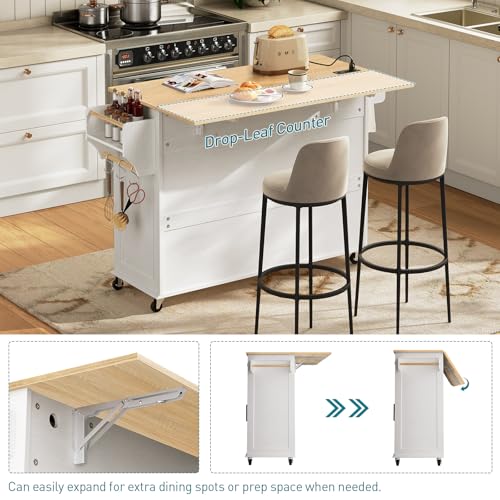Kitchen Island with Drop Leaf, Kitchen Cart with Charging Station, Kitchen Table with Storage, Rolling Island Table with 3 Drawers, Towel Rack and Spice Rack, White and Walnut