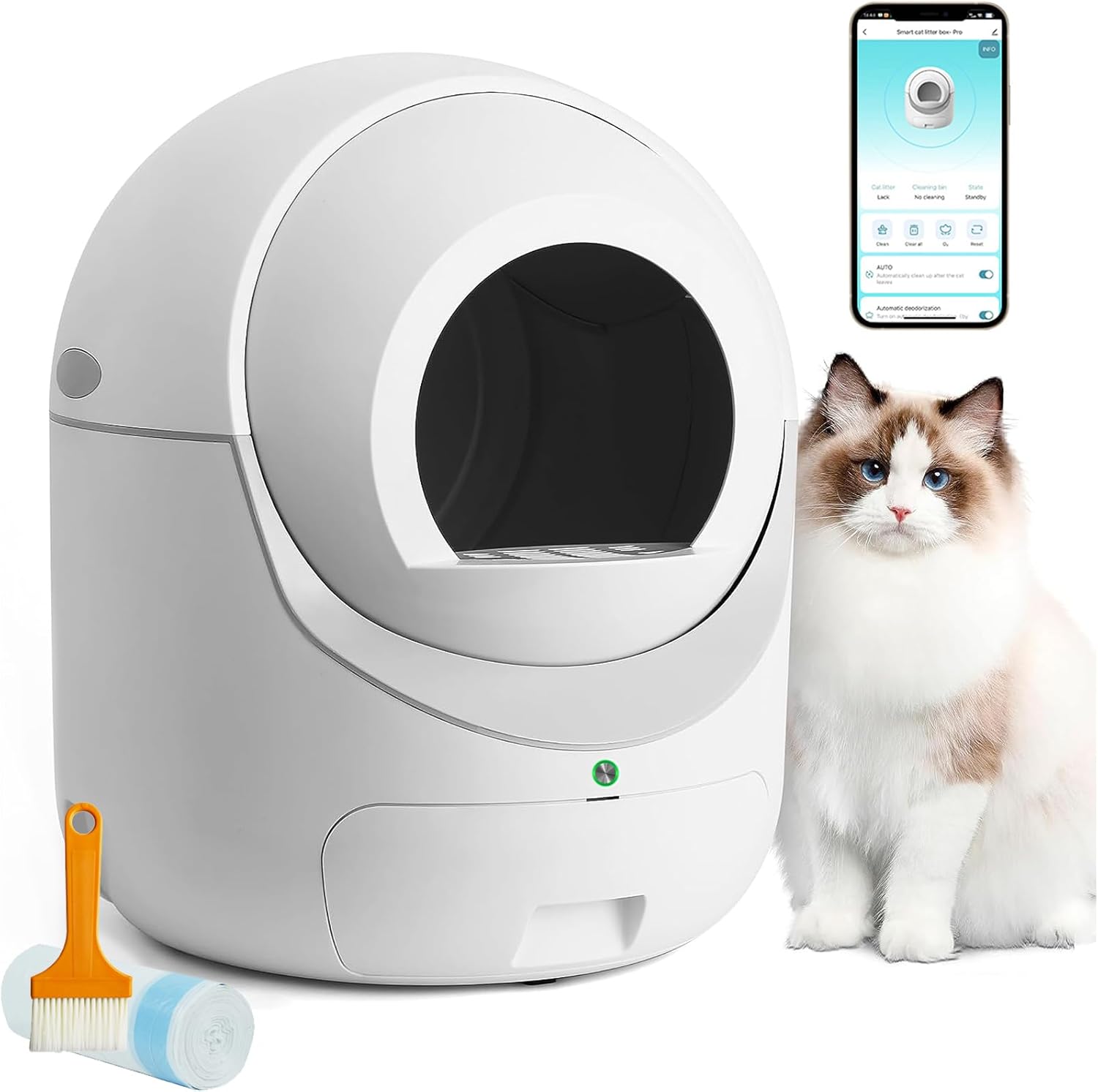 Self Cleaning Cat Litter Box, Anti-Pinch/Odor-Removal Design Large Automatic Cat Litter Box, Cat Litter Box for Multiple Cats with Garbage Bags/Brush, All Litter Can Use, Easy Clean, Smart App Control