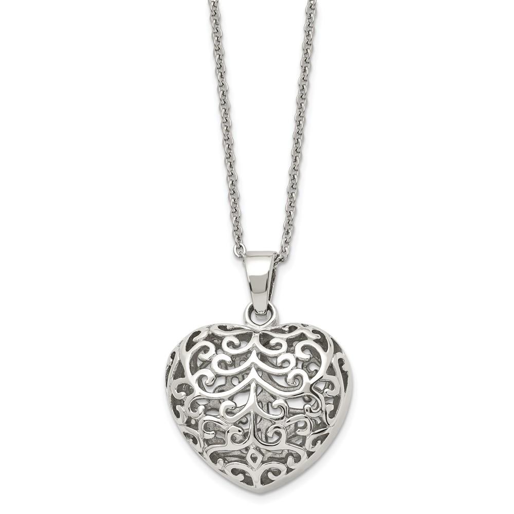 Stainless Steel Polished Filigree Puffed Heart 22in Necklace