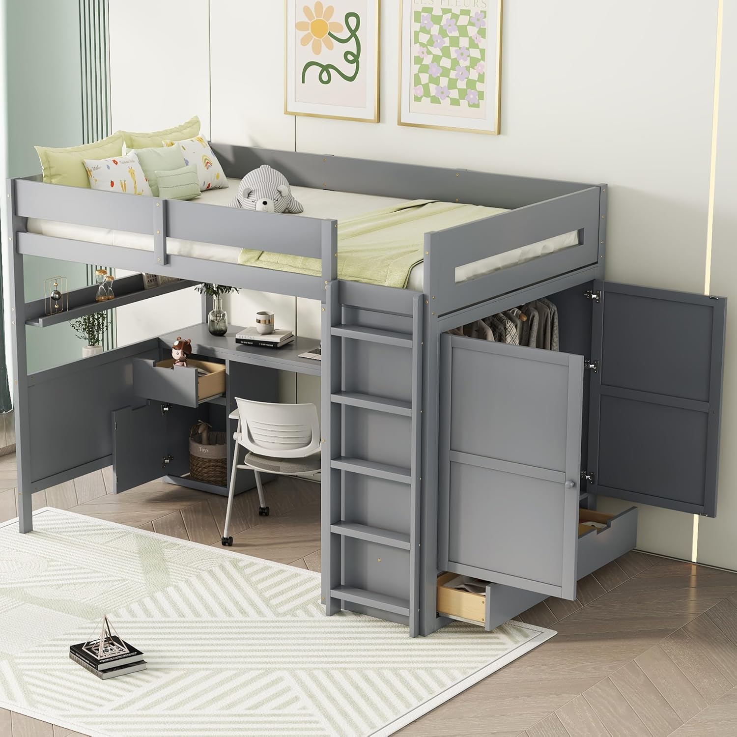 Full Size Loft Bed with Built-in Wardrobe and Underbed Study Desk, Modular Design Wood Loft Bed w/Storage Shelves, Ladder and Safety Guardrail for Kids Teens, No Box Spring Needed, Gray