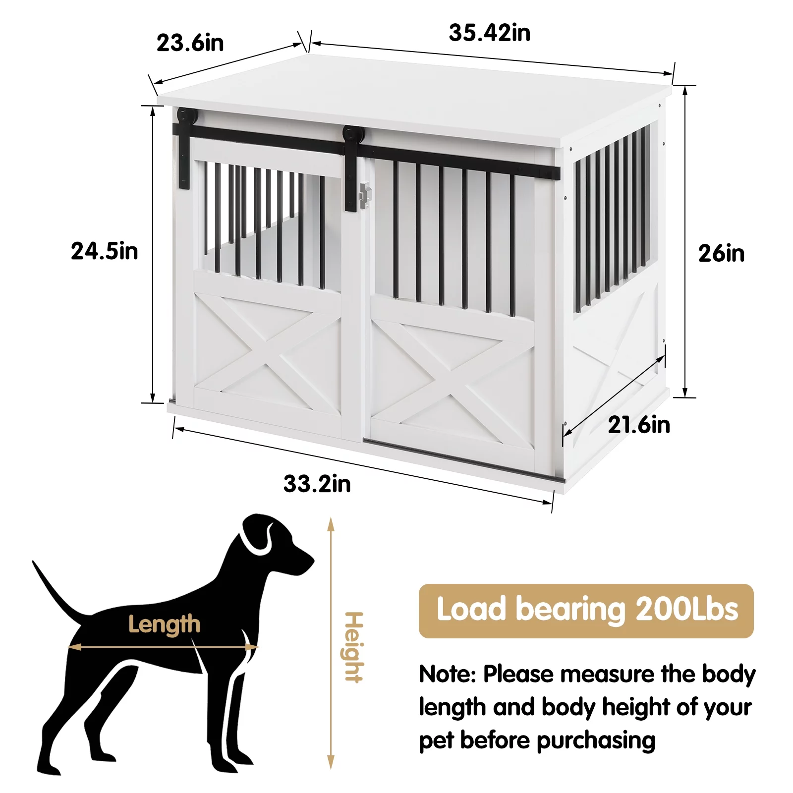 TENONER Dog Crate Furniture with Sliding Door, Wooden Dog Kennel Furniture Side End Table, Barn Door Large Pet Crate for Small to Medium Dogs, White, Need to Assembly