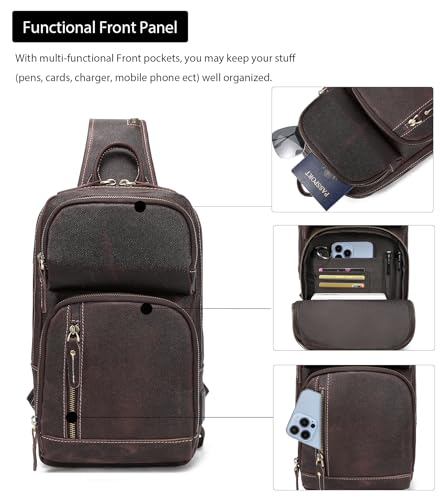 LANNSYNE Full Grain Leather Sling Bag For Men Crossbody Chest Daypack fits 10.5" iPad