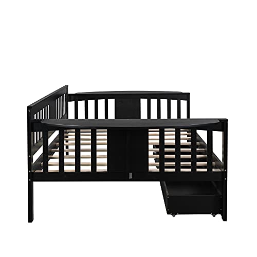 Twin Size Wooden Extendable Daybed with Trundle and 2 Storage Drawers, Platform Day bed with Wood Slat Support, for Bedroom, Living Room, No Spring Box Needed, Easy Assemble