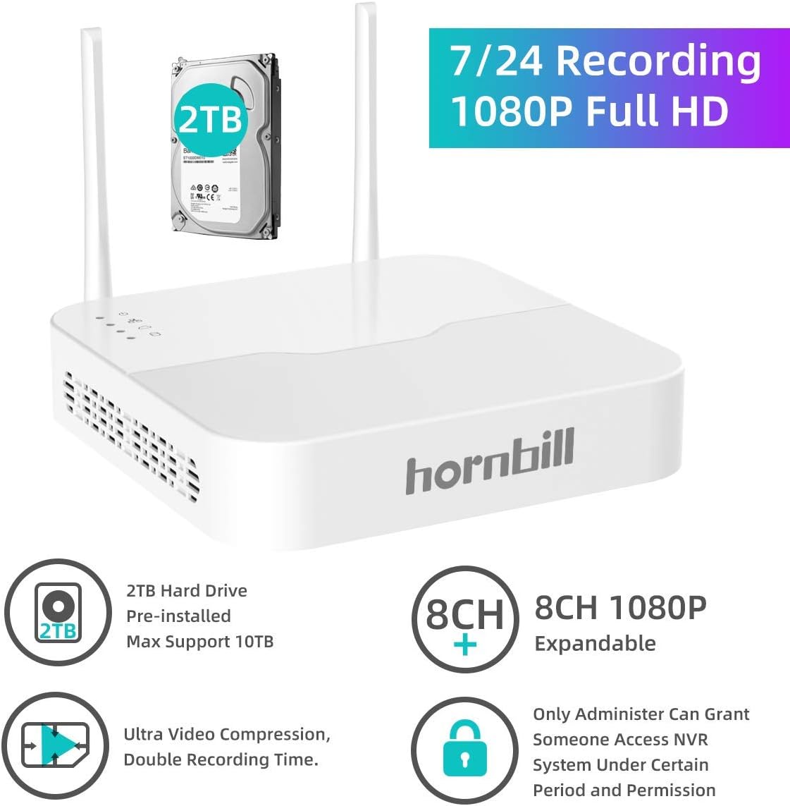 1080P Wireless Security Camera System, Hornbill 8CH Home Surveillance Camera System,8pcs 1080P Outdoor IP Security Camera with 2TB Hard Drive, Waterproof for Indoor Outdoor Security, No Monthly Fee