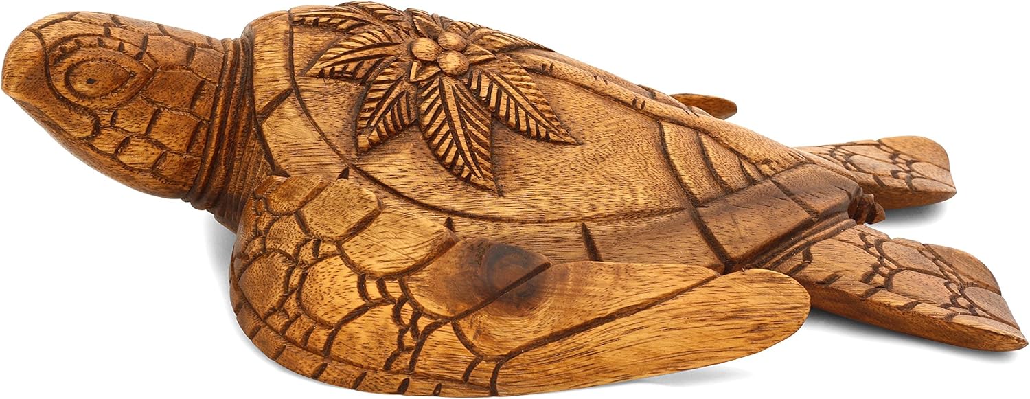 G6 COLLECTION 12" Long Wooden Hand Carved Turtle Tortoise Statue Figurine Sculpture Handcrafted Handmade Decorative Home Decor Accent Rustic Seaside Tropical Nautical Ocean Coastal Decoration