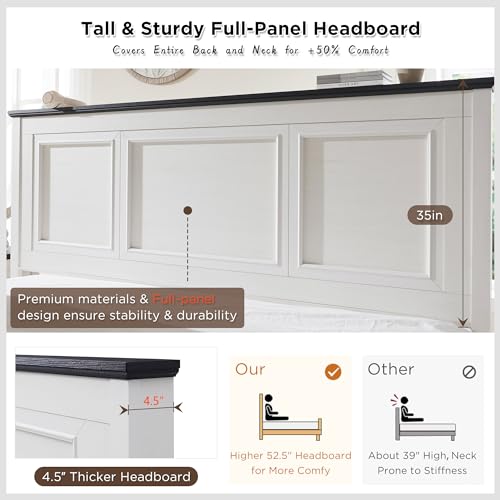 Farmhouse Full Size Bed Frame with 52" Tall Full-Panel Headboard & Footboard, Full Platform Bedframe with Storage Drawers, Wood Panel Bed Base, No Squeak, No Box Spring Needed, Light Brown