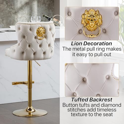 Velvet Barstools Set of 2, Counter Height Adjustable Swivel Barchairs with Golden Lion Head Ring, Thicken Padded Tufted Backrest Chrome Nailhead Trim Bar Stools for Kitchen(Beige)