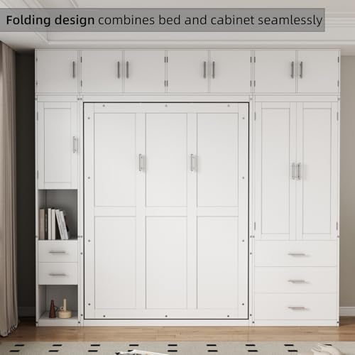 Merax Full Size Murphy Bed Cabinet with Lockers and Storage Wardrobes Shelves, Wood Foldable Hidden Wall Platform Bedframe Chest for Home, Bedroom, Office, Small Room, Apartment