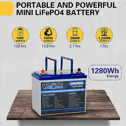 Weize 12V 100Ah TM LiFePO4 Lithium Battery, Built-in Smart BMS, Group 31 Deep Cycle Battery Perfect for Trolling Motor, RV, Solar, Marine, Overland/Van, and Off Grid Applications