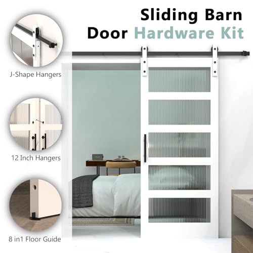 32 x 84 Inch Glass Sliding Barn Door Slab and 5.5ft Hardware Kit Included, 5 Frosted Glass, LVL Wood Panel Covered with White Water-Proof Scratch-Resistant PVC Surface, Simple DIY Assembly