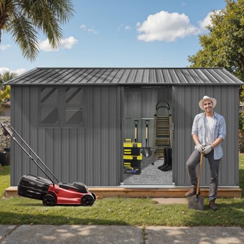 10' x 8' Large Outdoor Storage Shed, Sturdy Metal Building w/Windows & Lockable Doors for Garden, Backyard, Poolside and Lawn, Grey