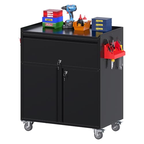 73" H Metal Storage Cabinet with Wheels, Garage Storage Cabinet with 4 Adjustable Shelves and Lockable Doors for Garage Home Office Utility Room,Required Assembly,Black