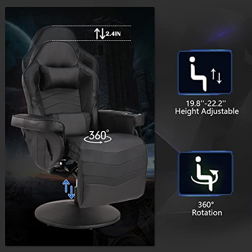 Reclining Gaming Chair - Gaming Recliner Chairs for Adults - PU Leather Gaming Chair with Massage, Swivel Gaming Recliner Chair with Adjustable Height, Lumbar Support, Side Pouch (Blue)