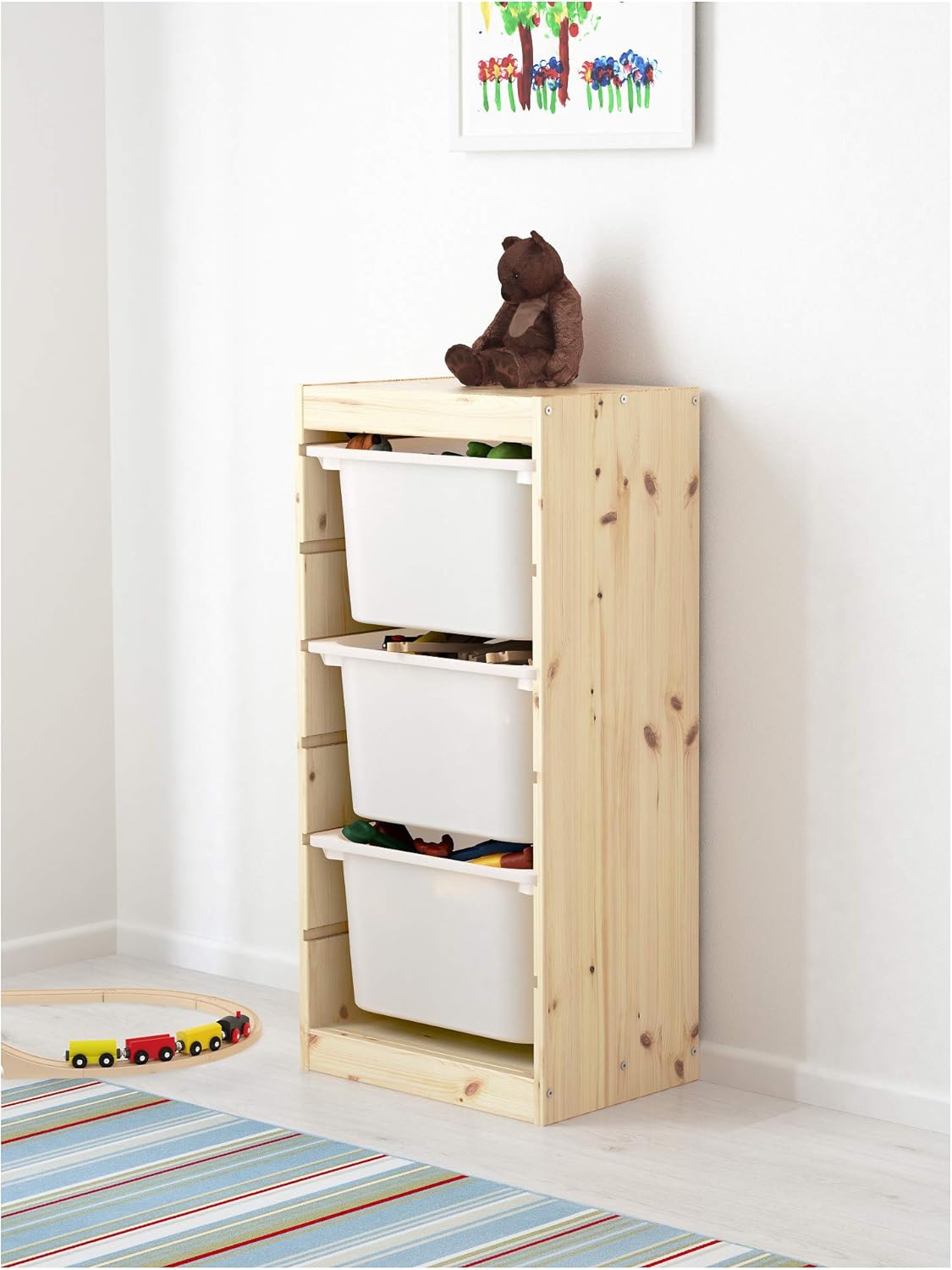 Ikea TROFAST storage combination with boxes, 44x30x91 cm, light white stained pine/pink