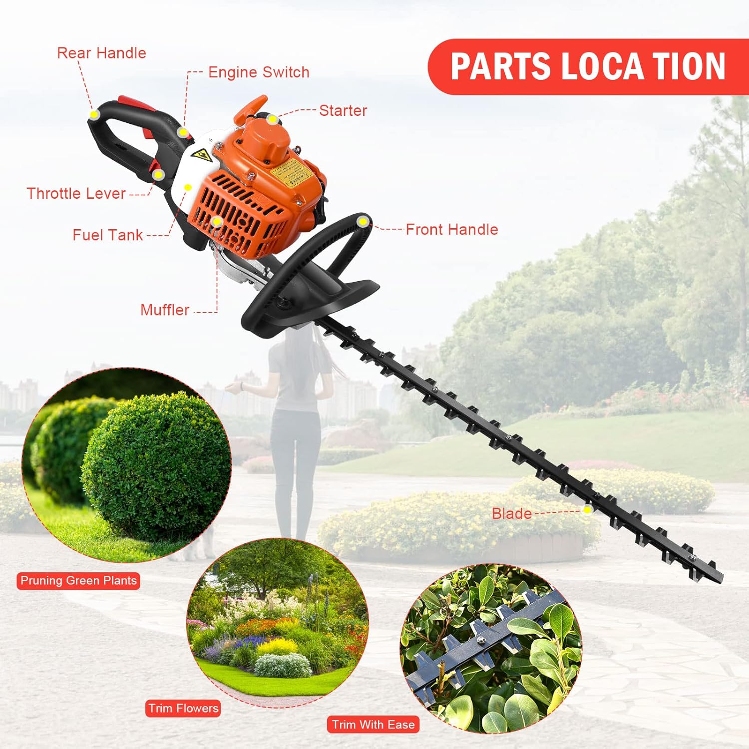 23.6cc Gas Hedge Trimmer, Pokytcox Cordless Trimmer 24" 2 Cycle Recoil Gasoline Trim Blade, Blade Double-Sided w/ Some Accessories