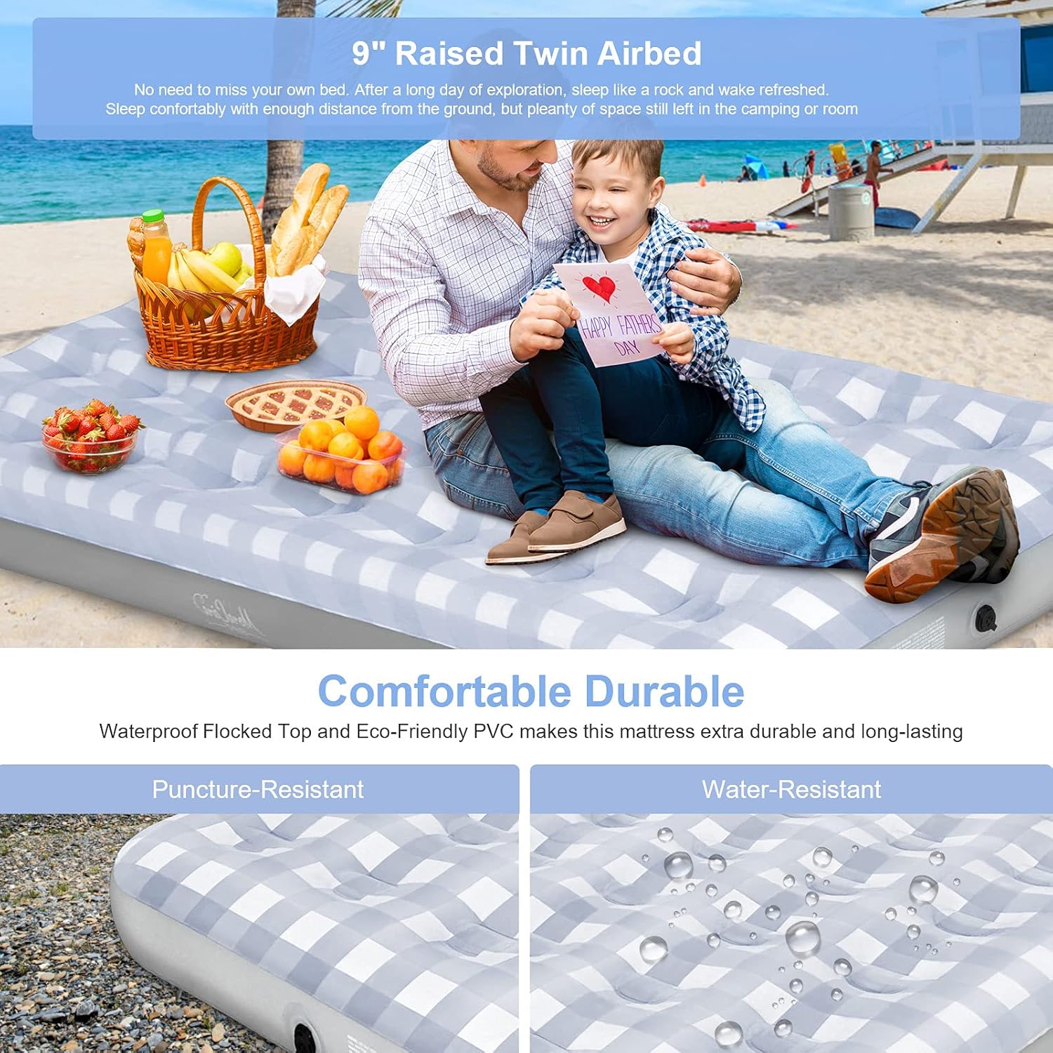 Giftway Queen Air Mattress Air Bed - Upgraded Inflatable Air Mattresses with Flocked Top Waterproof Cover Repair Kit -Foldable Blow Up Bed for Camping/Home/Guest/Travel - Housewarming Gifts for Family