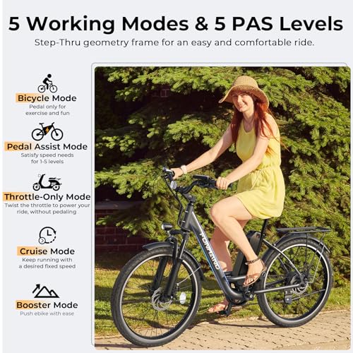 Electric Bike for Adults, 1000W Peak Ebike, 21.7MPH 50Miles City Cruiser Ebikes, 26" Step Thru Electric Bicycle with 48V Removable Battery, Adjustable Stem, Rear Rack, Front Suspension,7 Speed