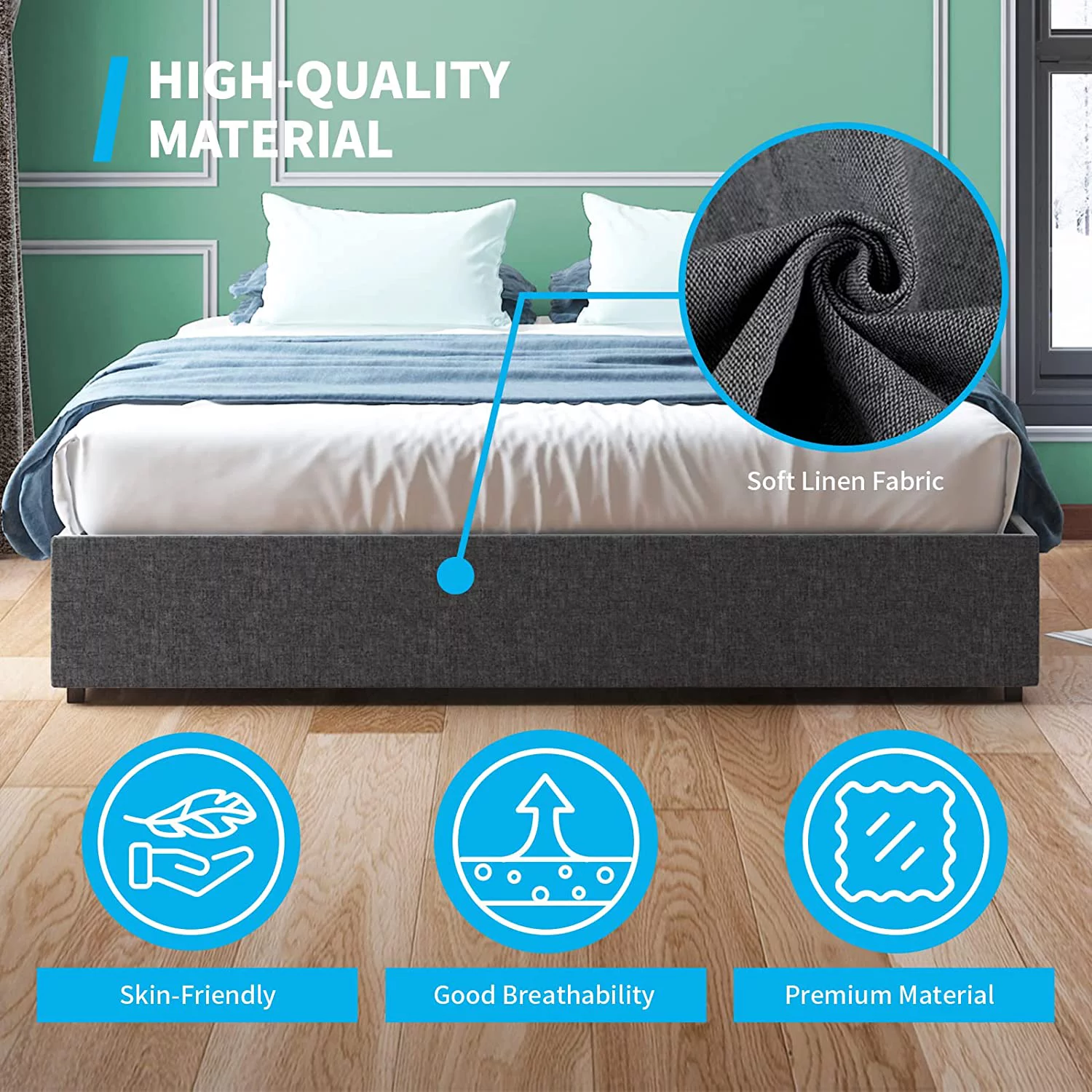 Cal King Size Bed Frame with 4 Storage Drawers Soft Cotton Linen Fabric King Size Platform Bed Frame with Wood Slat Support No Box Spring Needed/Easy Assembly/Space Saving  Dark Grey