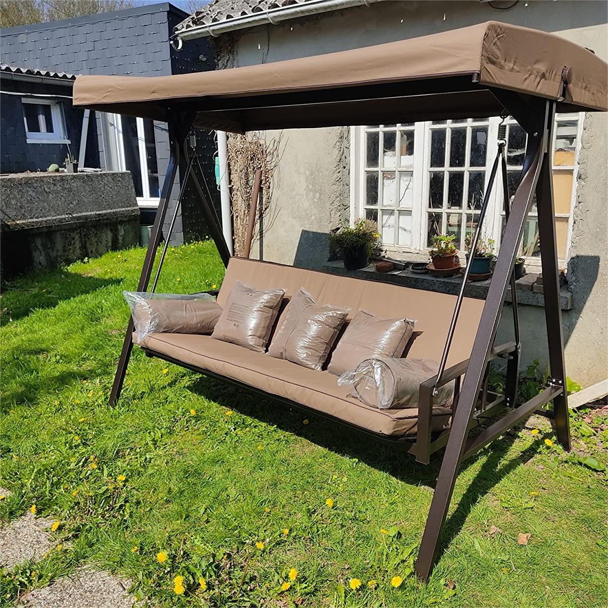 PURPLE LEAF Outdoor Patio Porch Swing Adjustable Backrest, 3-Seat Swing Chair with Weather Resistant Steel Frame for Backyard Front Porch Lawn, Cushion and Pillows Included, Beige