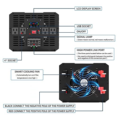 SL Euthtion 3000W/6000W(Peak) Pure Sine Wave Car Power Inverter 12V DC to 120V AC 60HZ with LCD Display, USB Port, Wireless Remote Control（10M for Car Home Laptop Truck …