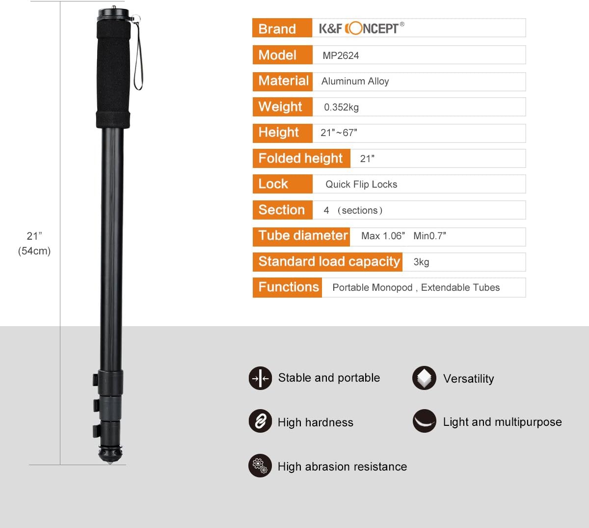 Camera Monopod,K&F Concept 4-Section 67/171CM Compact Portable Travel DSLR Monopod Unipod Stand Walking Trekking Stick Aluminum Alloy Lightweight SLR Cameras Camcorder Video