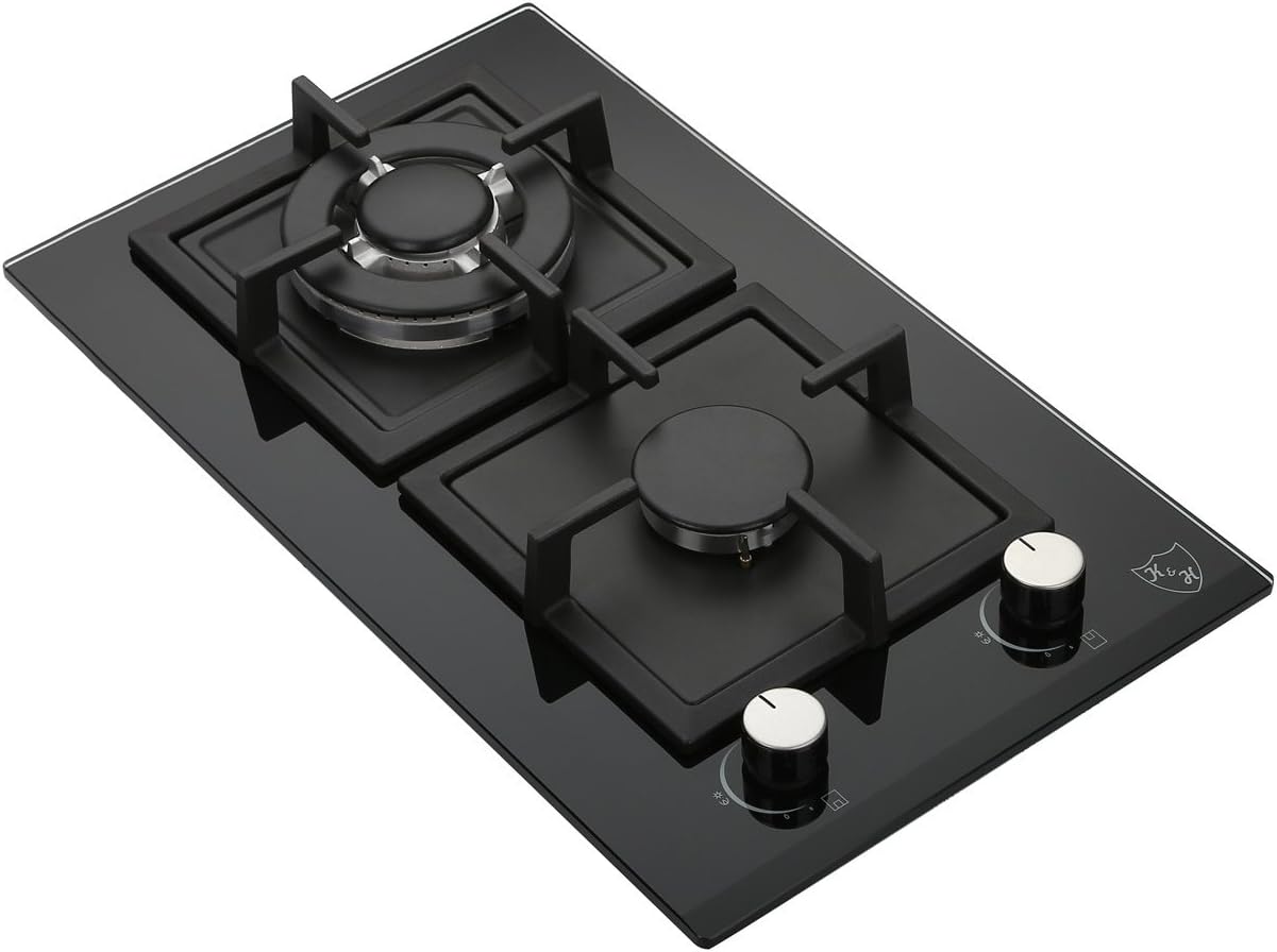 K&H 2 Burner 12 Inch Built-in LPG/Propane Gas Stove Top Glass Surface Cast Iron Cooktop 2-GCW-LPG