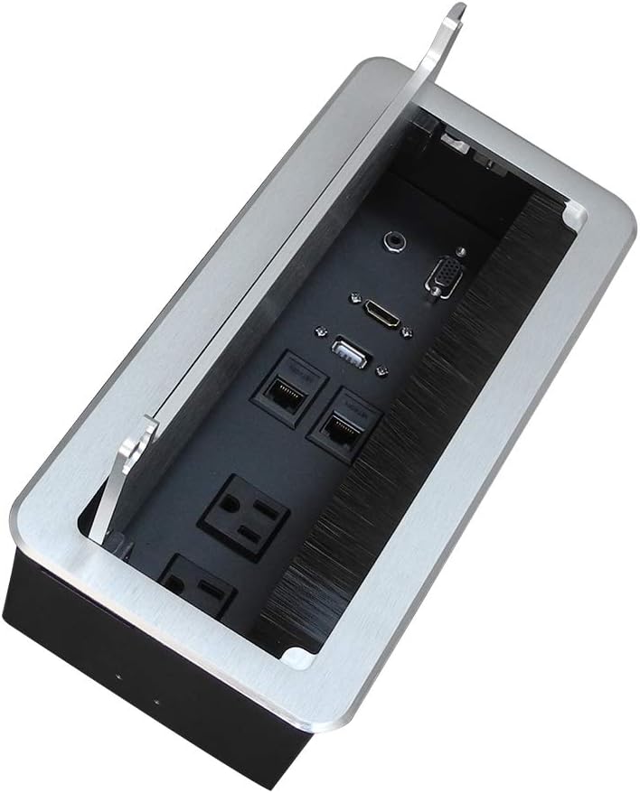 Zeshan Pop up Outlet Desktop Connection Box Conference Table Power hub Desktop Power Grommet with Power, USB, RJ45, VGA, HDMI, 3.5 mm Audio for Office Silver Pack of 2