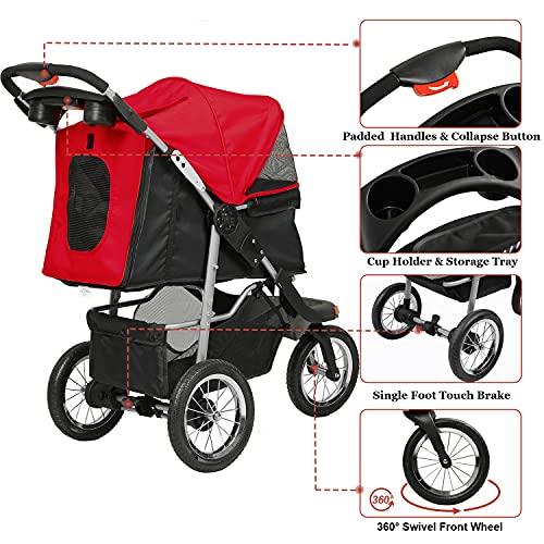 VIAGDO Premium Heavy Duty Dog Stroller for Small Medium Dogs & Cats, 3-Wheel Pet Stroller, Foldable Cat Strollers with Suspension System/Link Brake/One-Hand Fold, Max. Loading 55 LBS Black Red