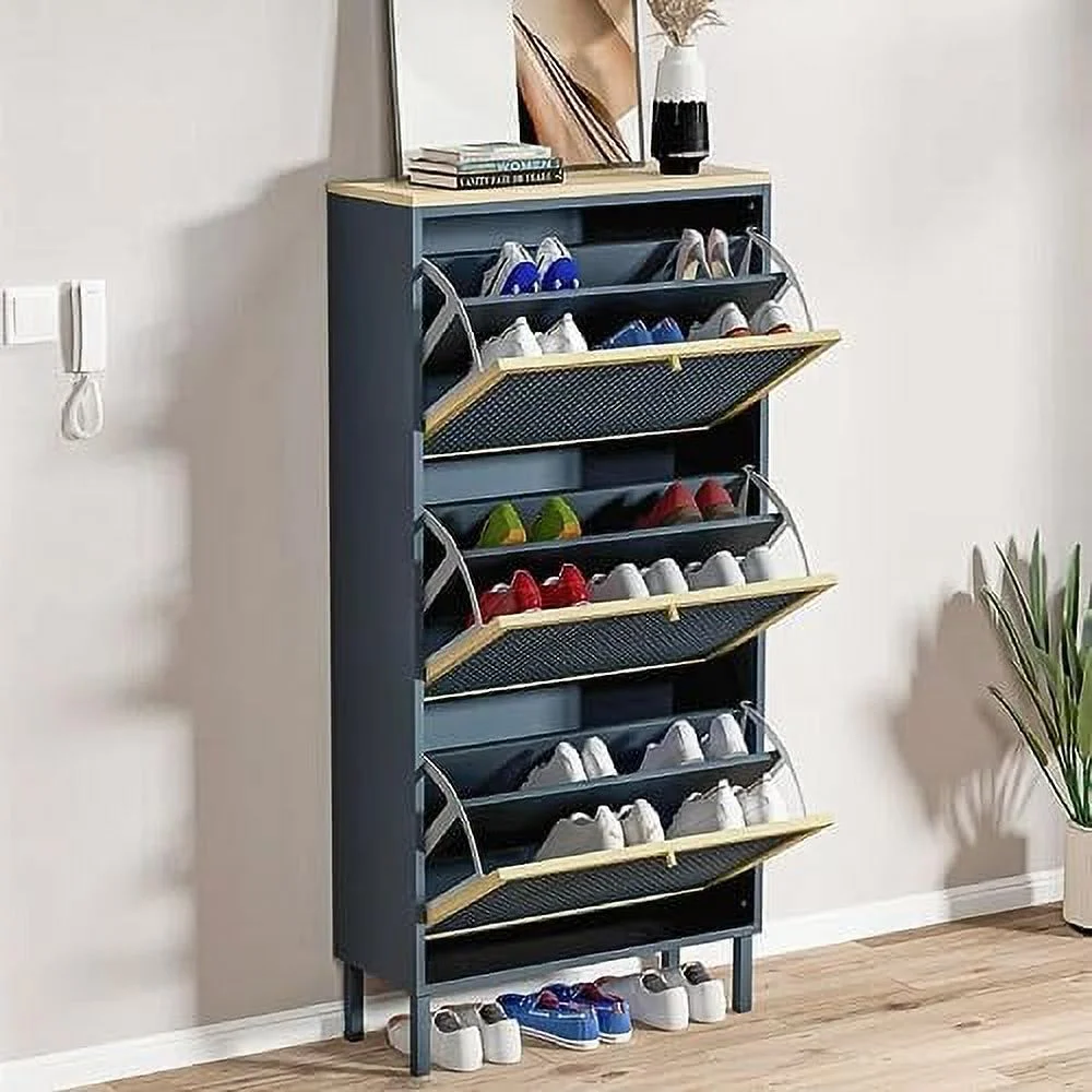 HOOMHIBIU Metal Shoe Cabinet with 3 Flip Drawers  Slim Shoe  Cabinet for Entryway  Narrow 3-Tier Shoe Rack Cabinet  Freestanding Hidden Shoe Organizer Cabinet for Hallway  Living Room (Bl