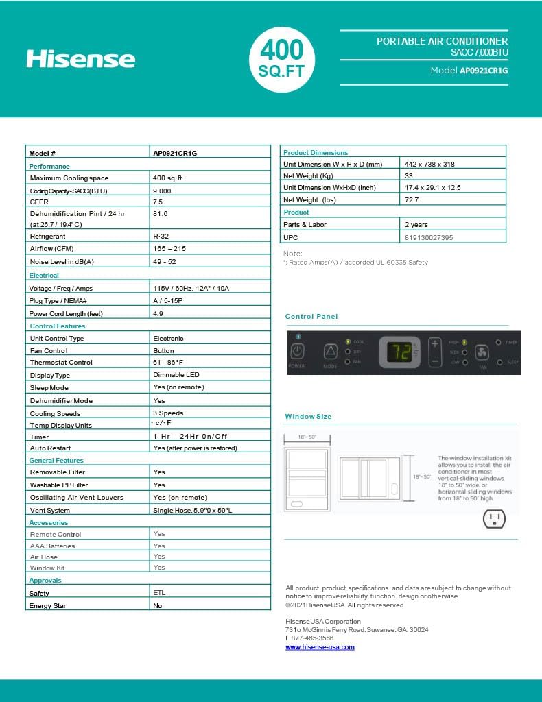 Hisense Portable Air Conditioner 9,000 BTU Cooling Dehumidifier Fan for Rooms up to 400 sq.ft, Remote Control, Long Distance Air Flow, 3 Modes - Cool, Dehumidify, Noise 49 db, - AP0921CR1G (Renewed)