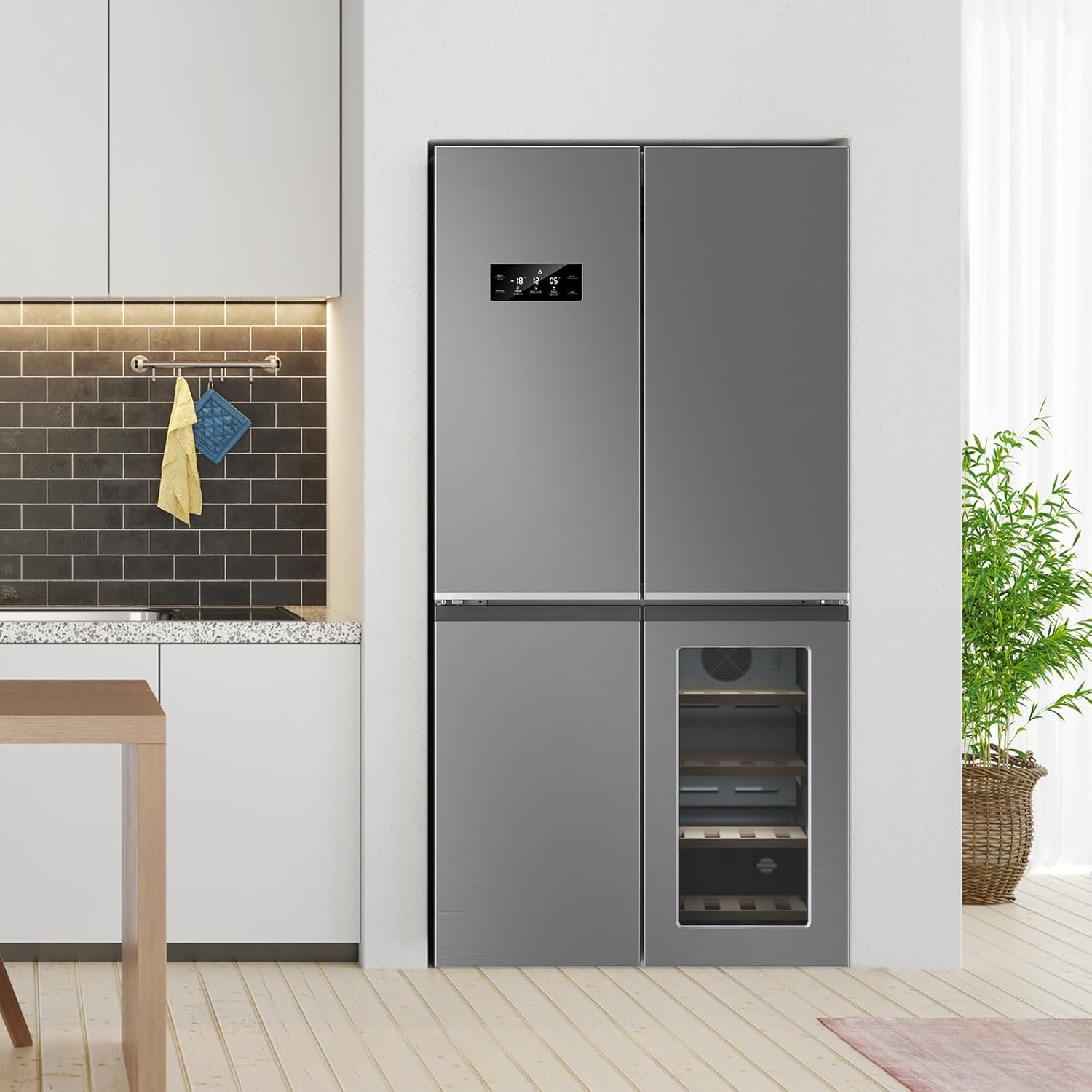 36 Inch Large Capacity French Door Refrigerator, 21 cu.ft Refrigerator with 4 Doors & Wine Cabinet, Dual Ice Maker, Adjustable Glass Shelves