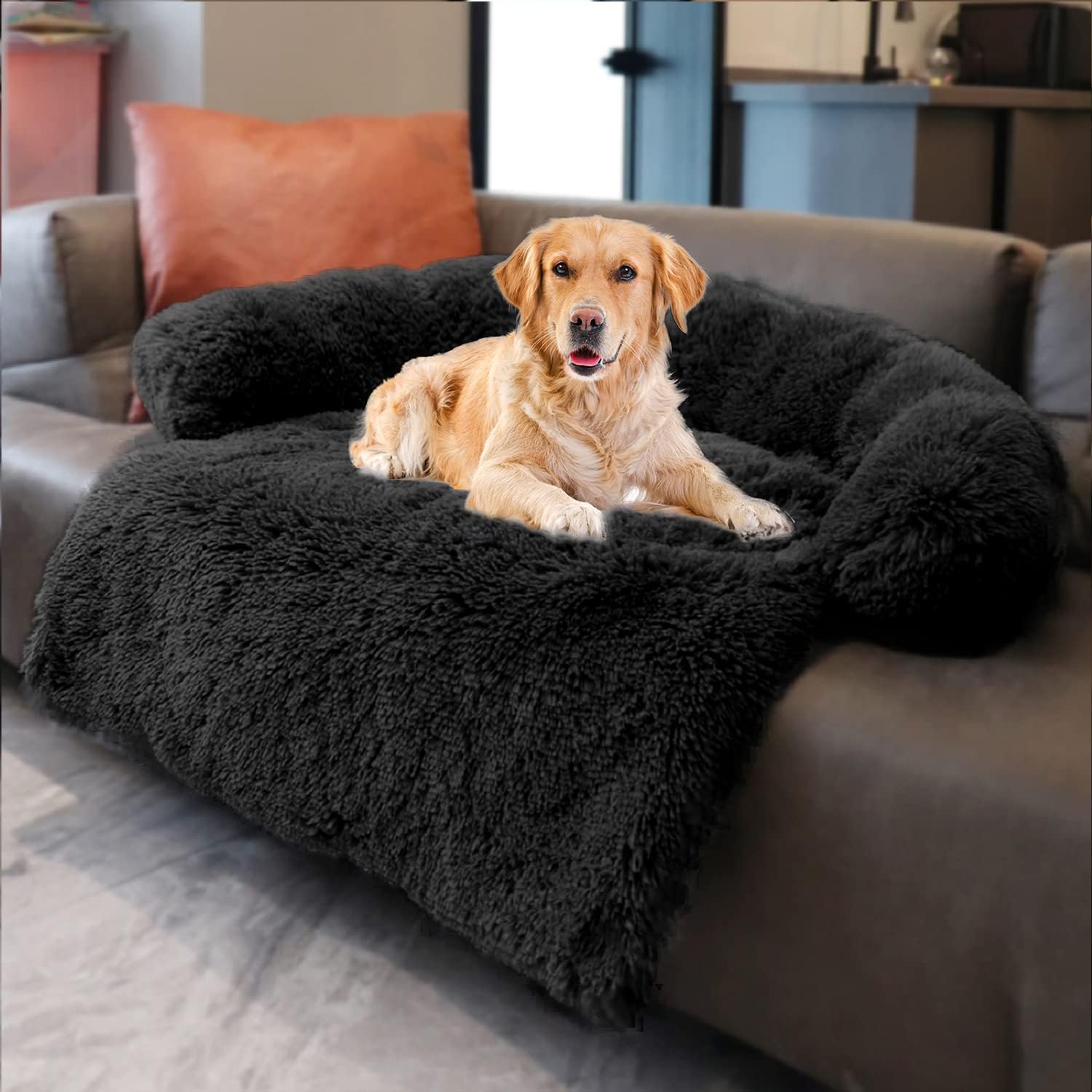 Dekeyoo Pet Couch Protector, Calming Dog Bed Plush Dog Mat Dog Sofa, Pet Furniture Cover with Soft Neck Bolster, Machine Washable Gradient Brown Medium